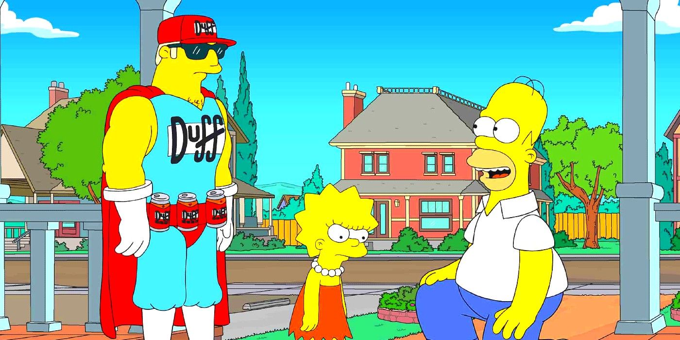 Lisa Homer and Duffman in The Simpsons season 34 episode 7