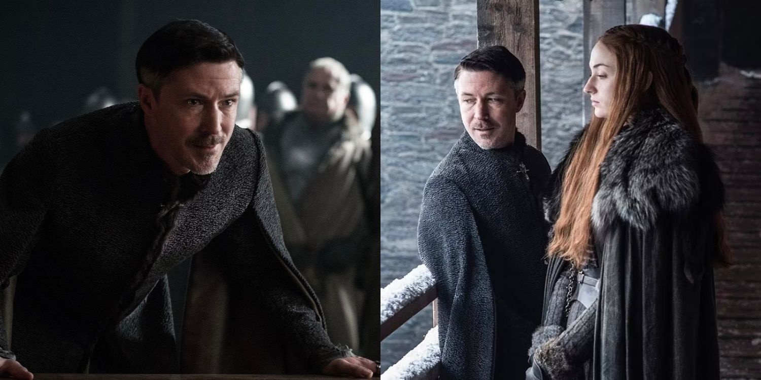 Littlefinger leaning over angrily and with Sansa at Winterfell