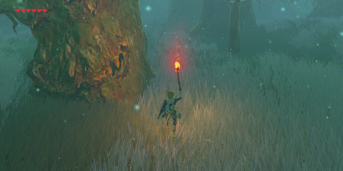 Link explorando a Floresta Perdida em The Legend of Zelda: Breath of the Wild.