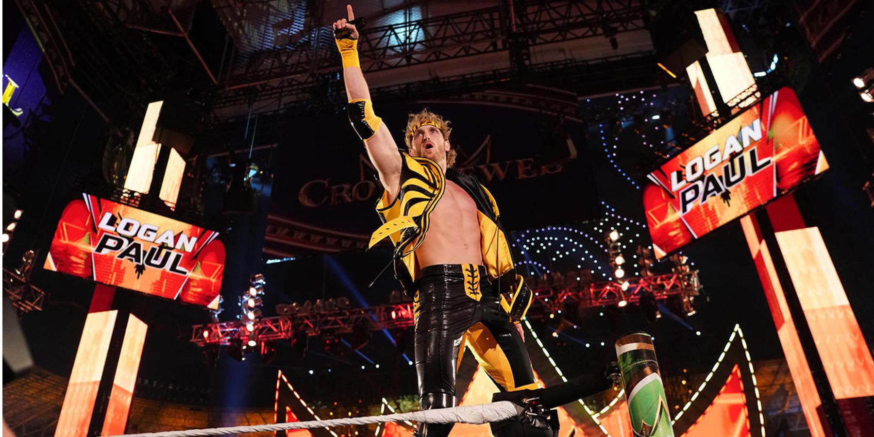 Logan Paul makes his entrance prior to wrestling Roman Reigns at WWE Crown Jewel.