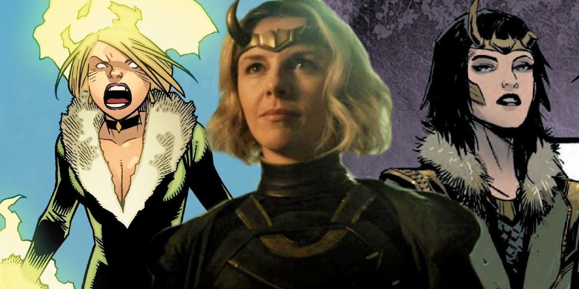 Lady Loki: blonde comic book version (left) Disney+ series version (center); black haired comic book version (right)