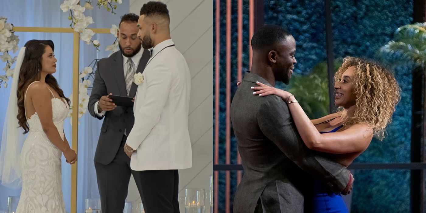 Split image of Nancy and Bartise's wedding day and SK and Raven embracing on Love Is Blind
