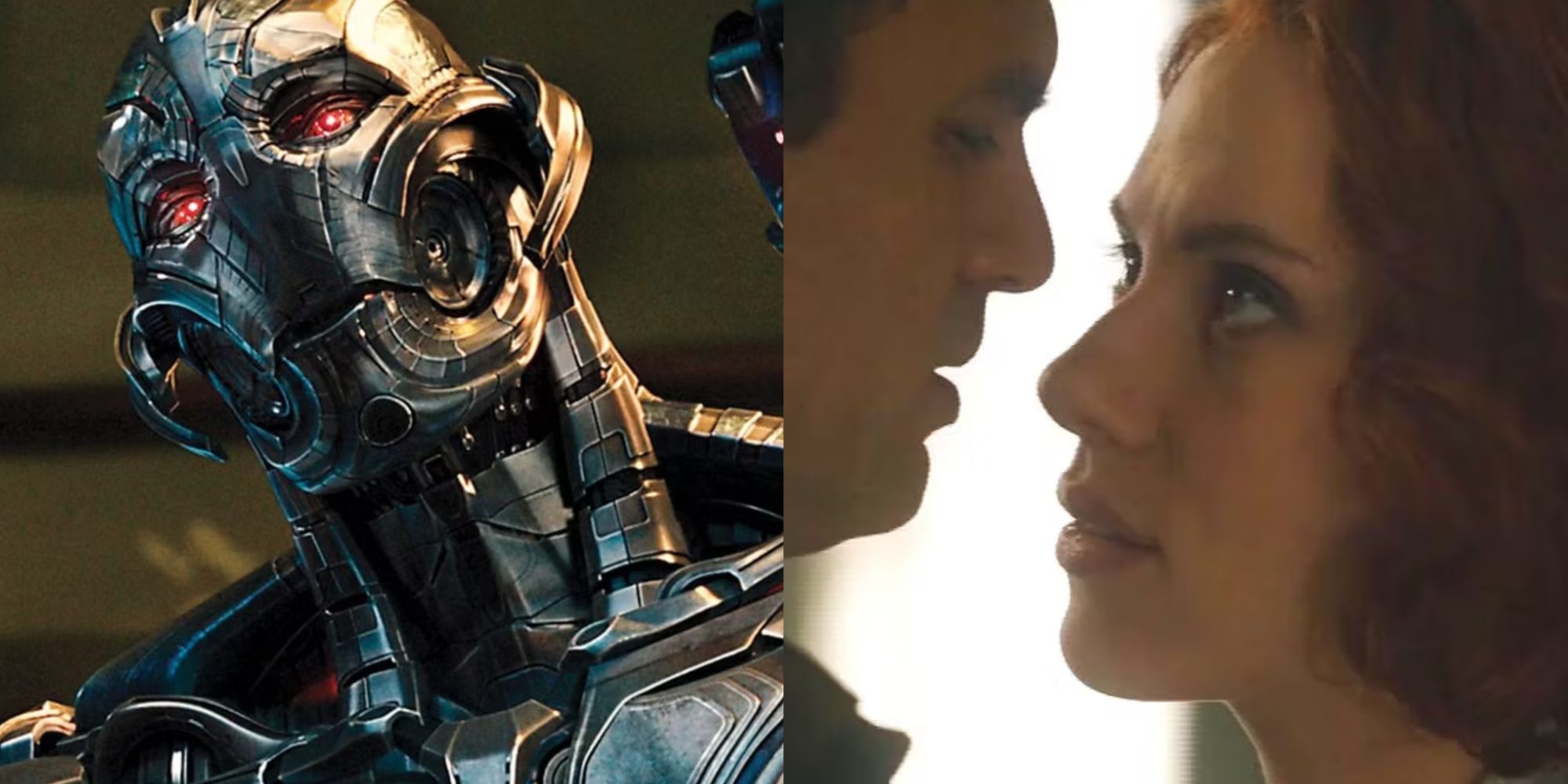 Split image of Ultron and Natasha Romanoff with Bruce Banner in Avengers: Age of Ultron