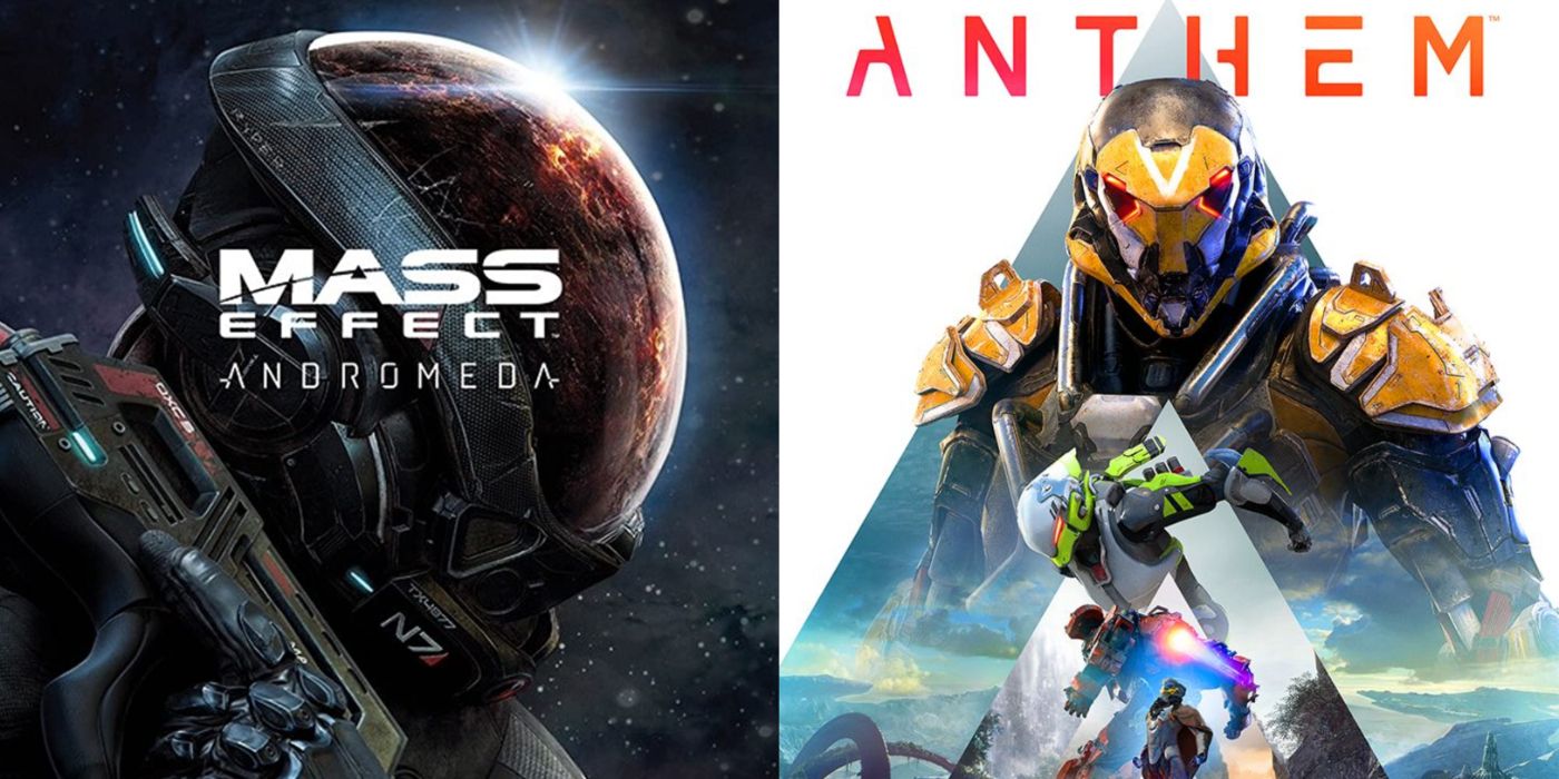 Imagem dividida da arte promocional de Mass Effect: Andromeda e Anthem.