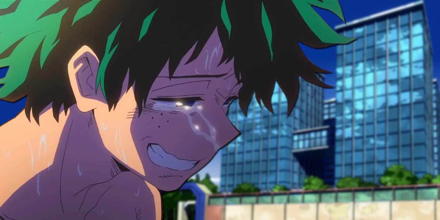 Deku crying in front of the UA building in My Hero Academia