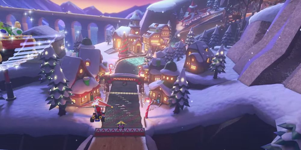 Mario flies down Merry Mountain in Mario Kart 8