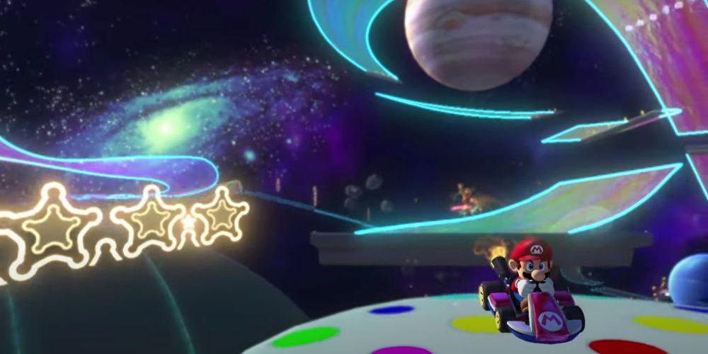 Mario drives Rainbow Road 4 in Mario Kart 8