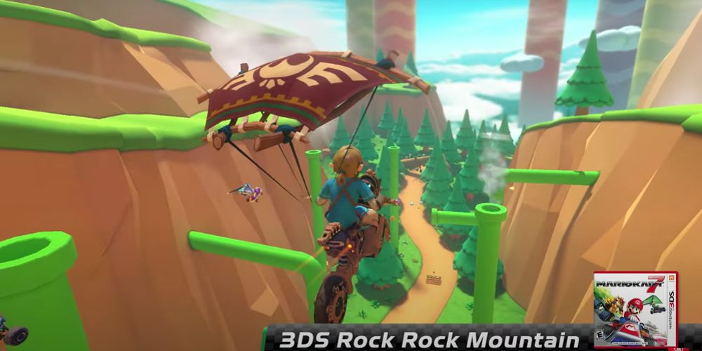 Link flies through Rock Rock Mountain in Mario Kart 8