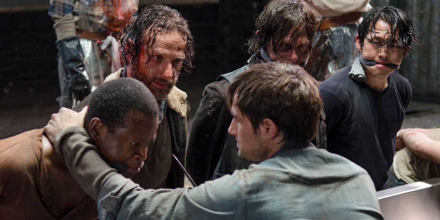 Gareth prepares to butcher Rick and his group to eat in The Walking Dead.