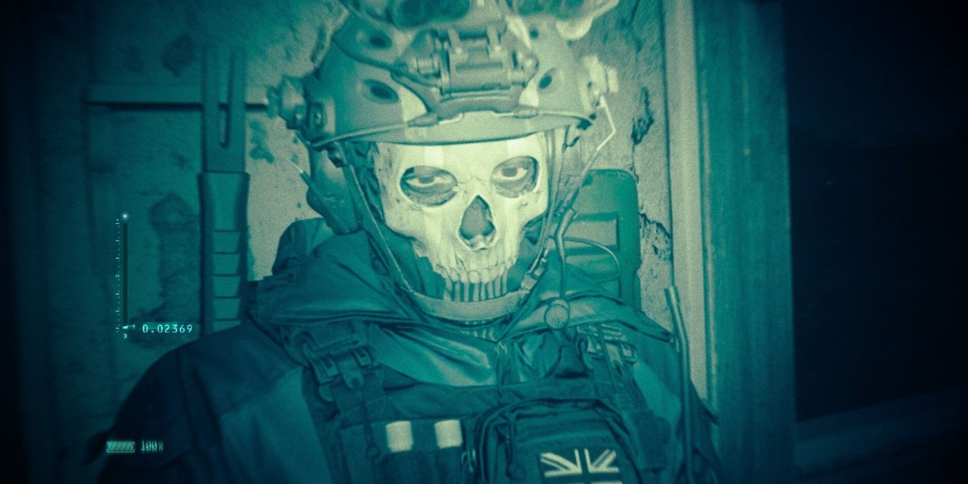 Ghost e sua máscara de caveira vistos através de óculos de visão noturna em Call of Duty Modern Warfare 2.
