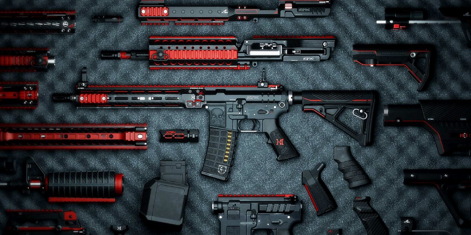 An M4 assault rifle from Modern Warfare 2, surrounded by all of its Gunsmith components, including grips, barrels, magazines, and stocks.