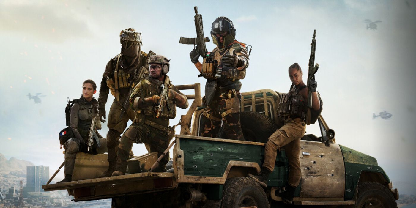 Promotional image for Warzone 2, featuring a number of different MW2 operators on a pickup truck..