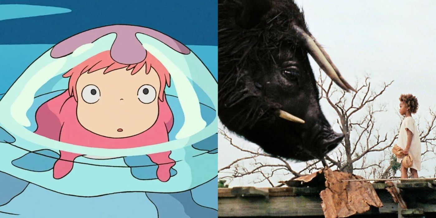 Ponyo in a bubble of water and Hushpuppy standing in front of a giant beast in Beasts of the Southern Wild. 