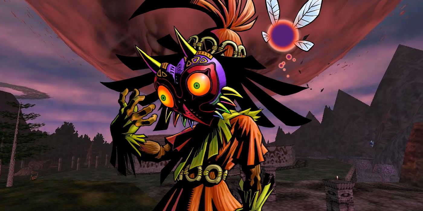 Skull Kid de The Legend of Zelda: Majora's Mask em pé na frente da lua caindo durante a cena de Game Over do título