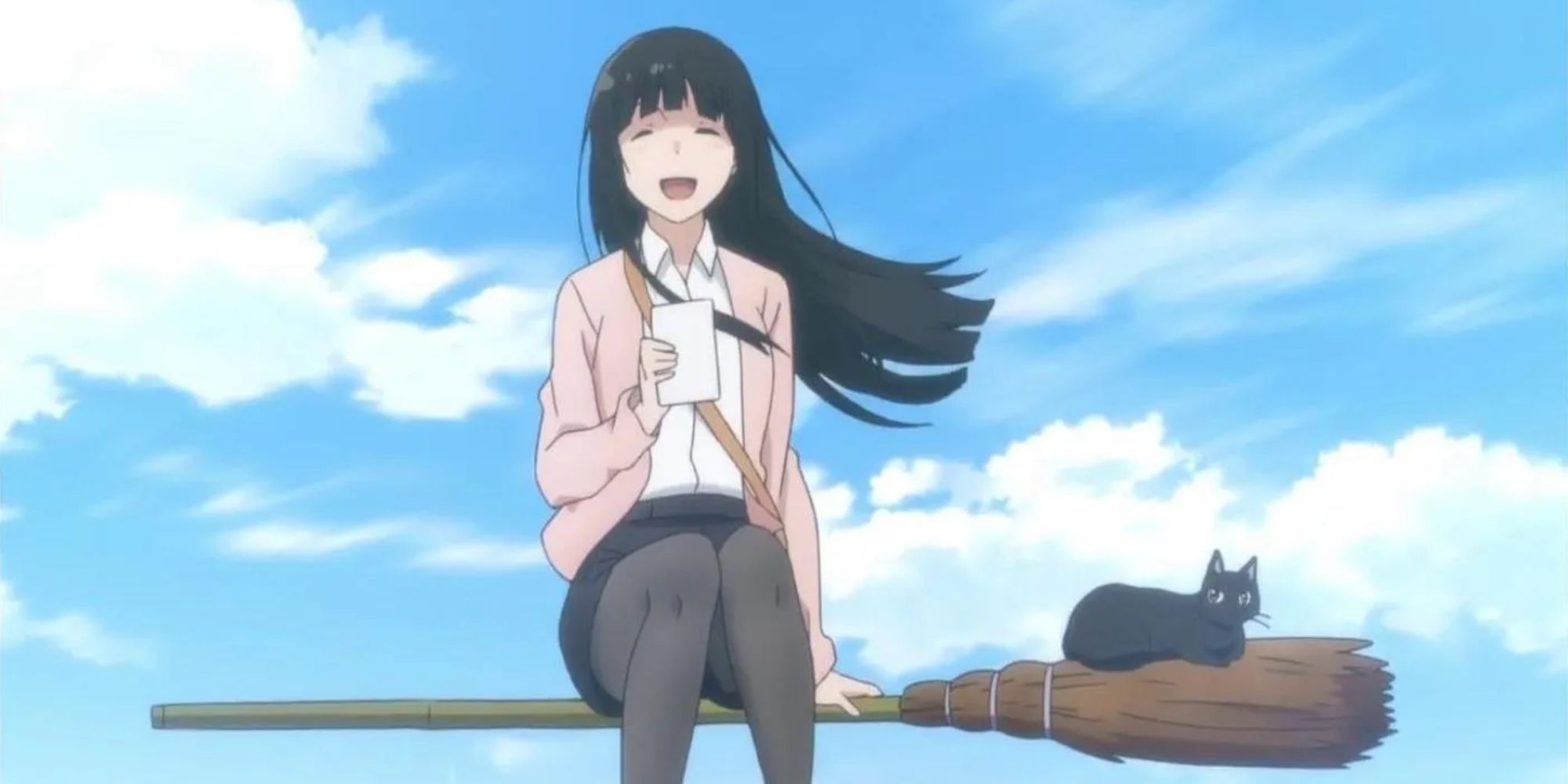 Makoto sitting on a flying broomstick in Flying Witch