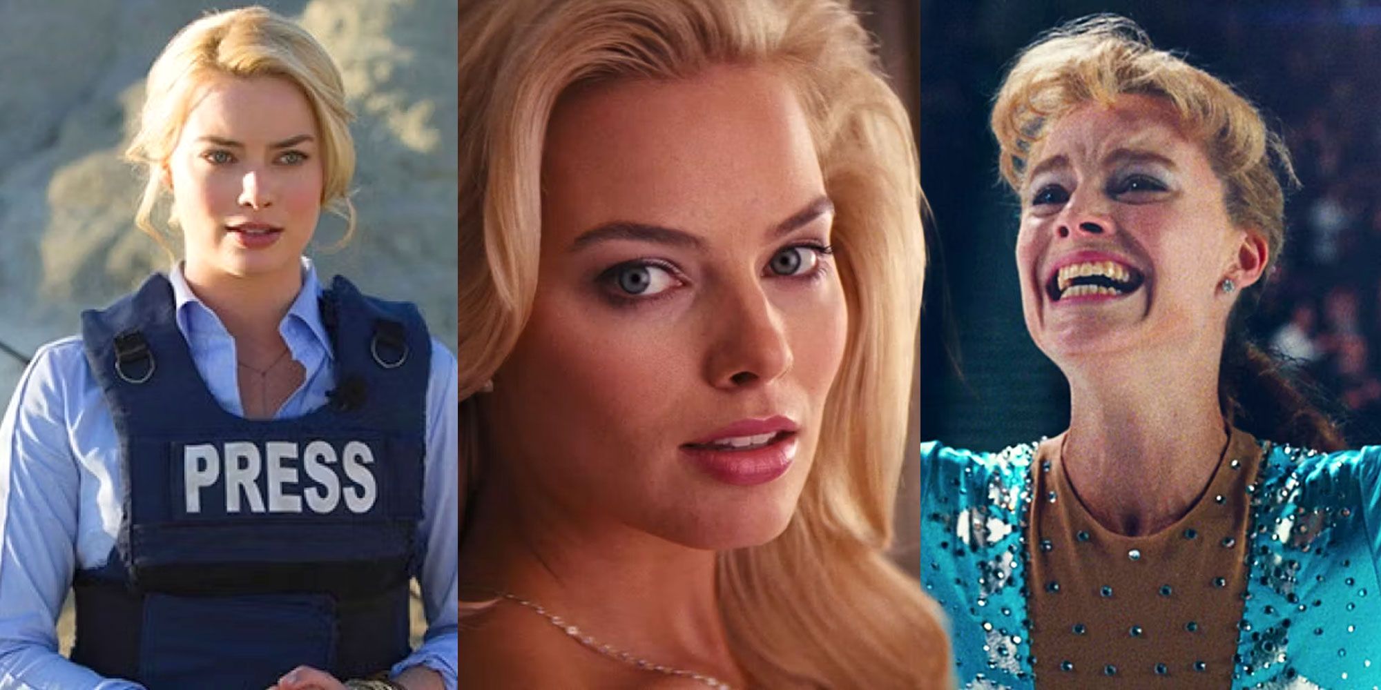 A split image features Margot Robbie in the movies Whiskey Tango Foxtrot, The Wolf of Wall Street, and I Tonya