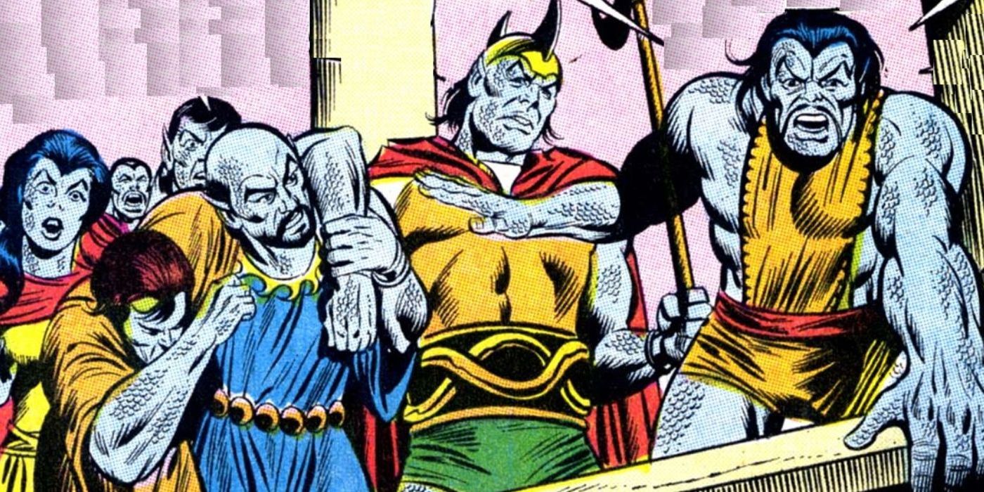 Marvel Comics a group of Lemurians angrily look down at an unseen opponent