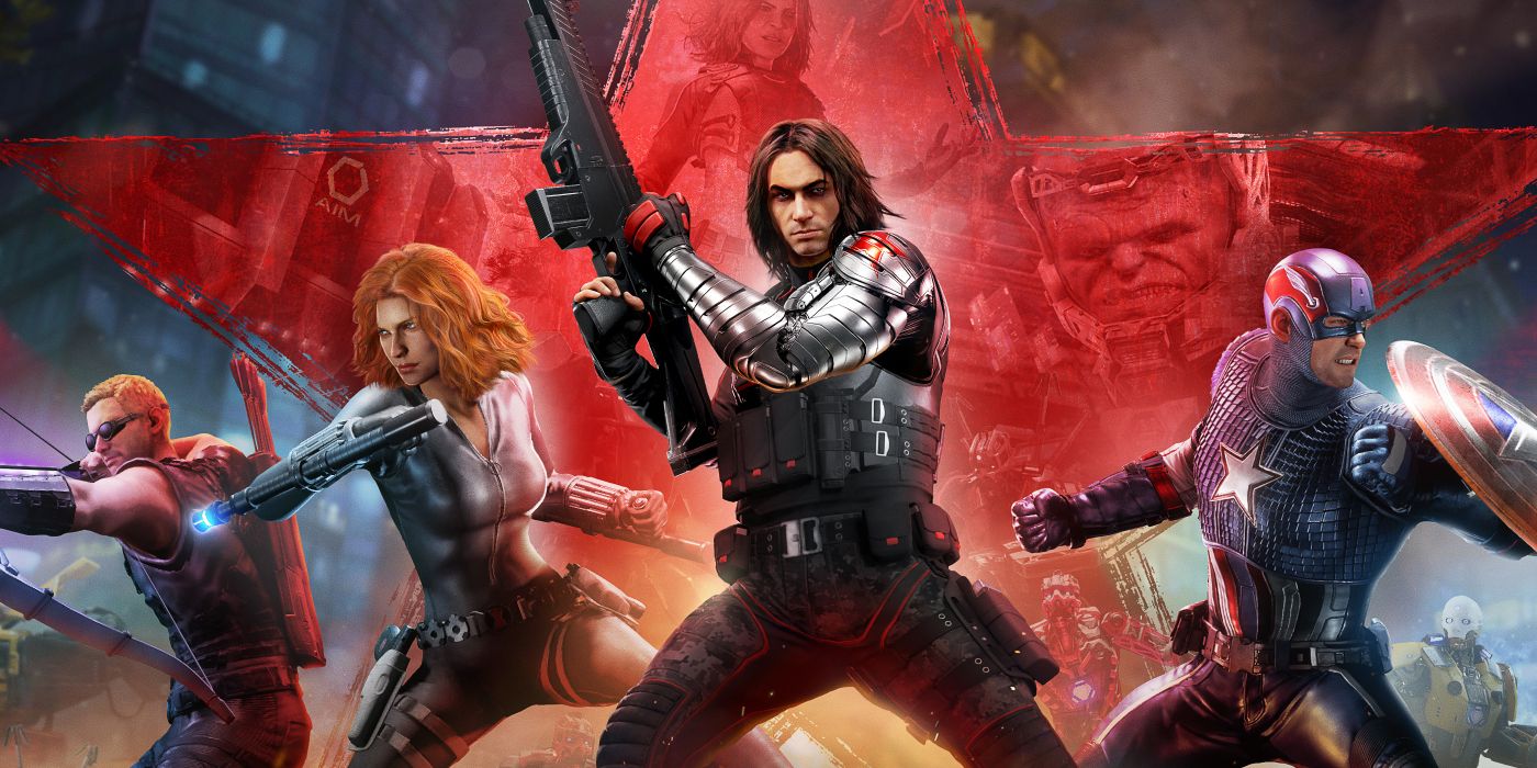 A promotional image of the Winter Solider in Marvel's Avengers. Bucky is wielding an assault rifle and posing alongside Captain America, Hawkeye, and Black Widow.