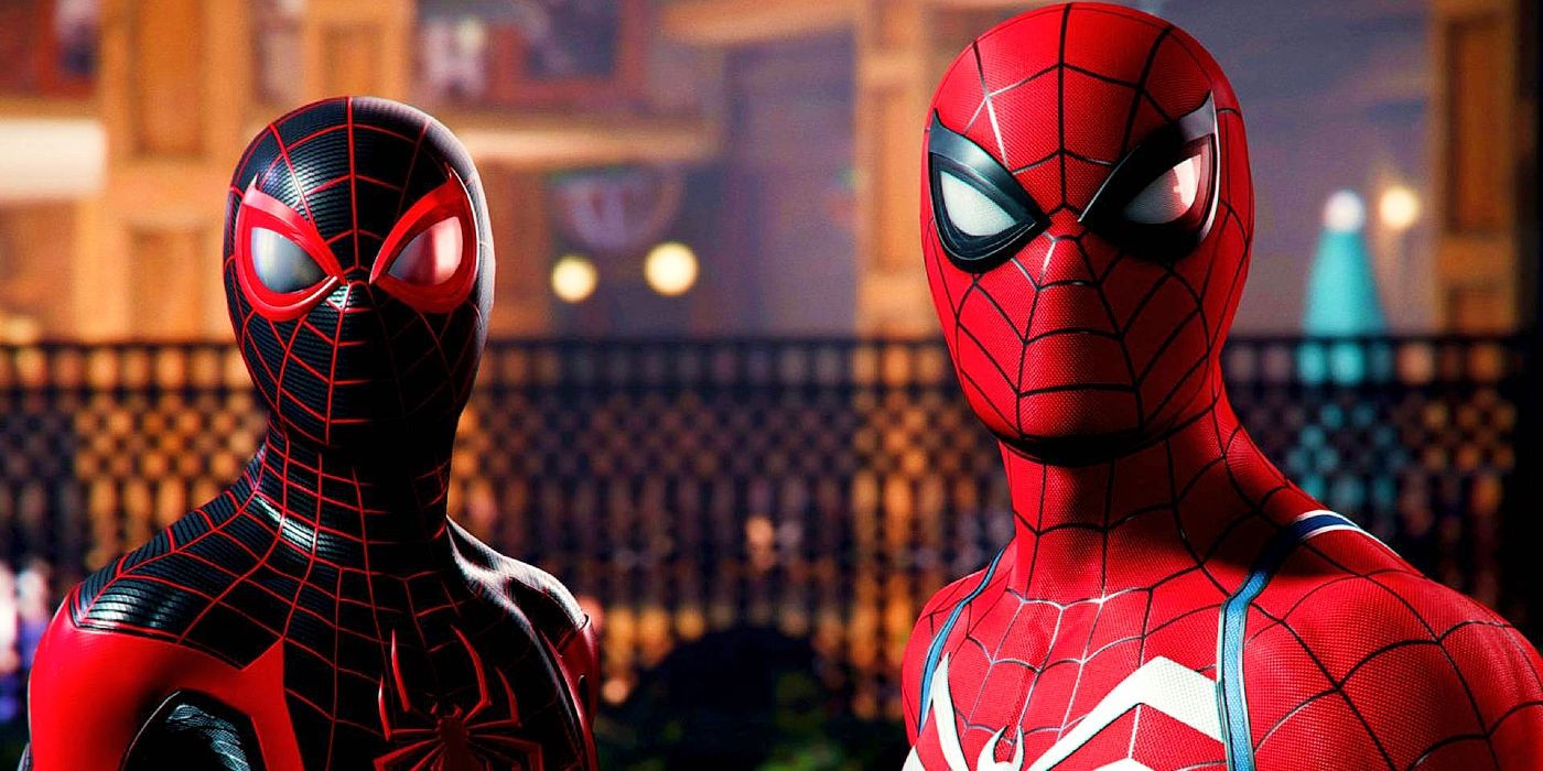 Image of Peter Parker and Miles Morales Spider-Men in costume staring up at camera from the trailer for the upcoming Marvel's Spider-Man 2.