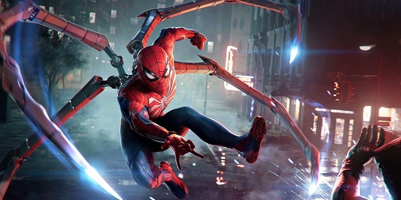 Image of Spider-Man attacking a thug with his mechanical spider arms.