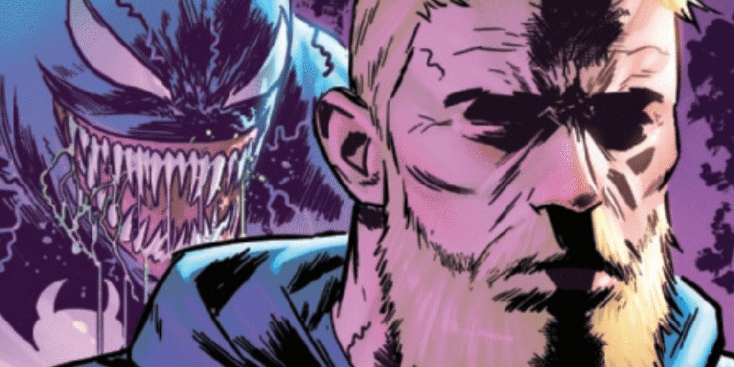 Eddie Brock parecendo preocupado com o rosto de Venom atrás dele.
