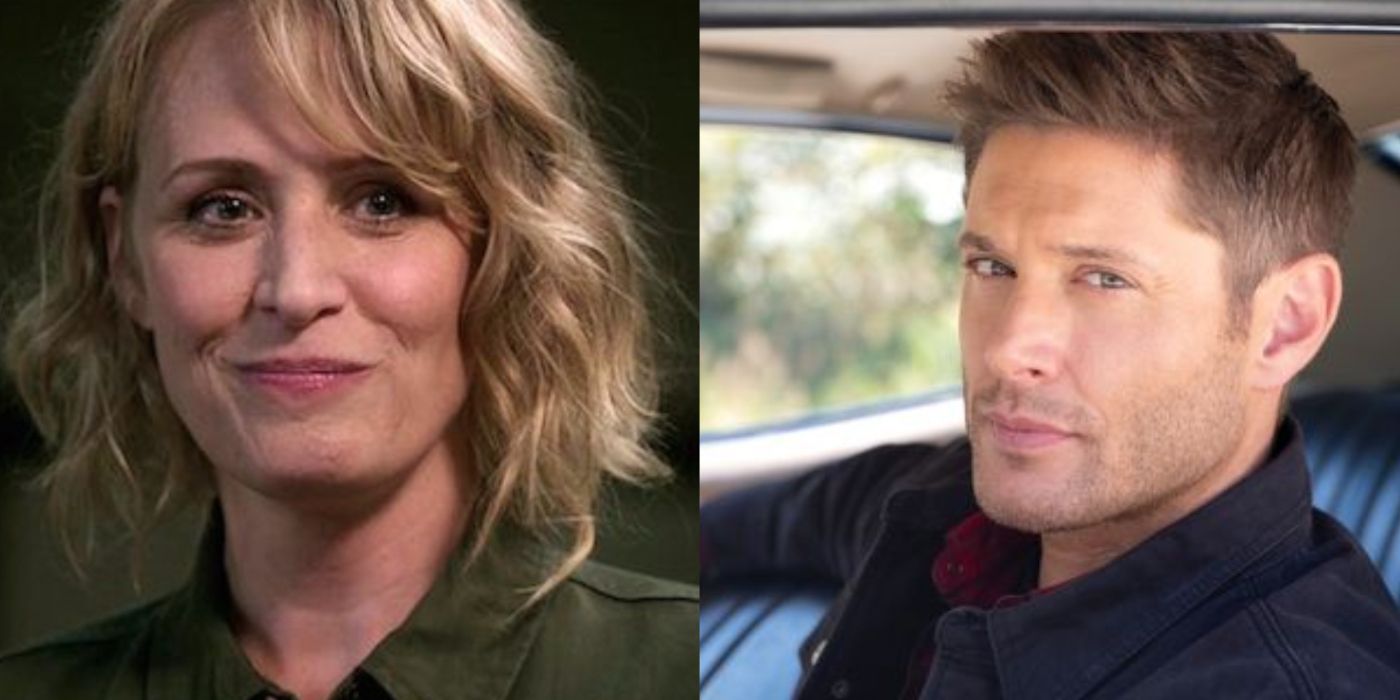 Mary Winchester smiling and Dean Winchester smiling while sitting in the Impala from Supernatural. 