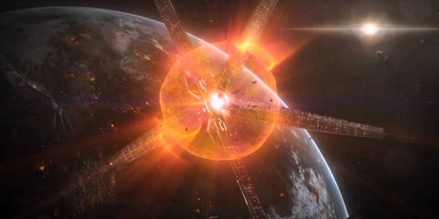 Imagen de la explosión del catalizador rojo en la Ciudadela en el espacio justo encima de la Tierra de Mass Effect 3.