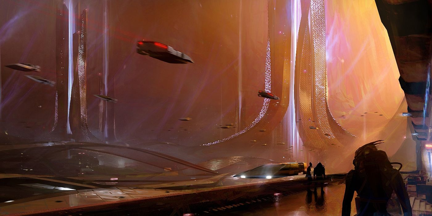 Image of a futuristic city with flying cars and massive illuminated structure. Several aliens walk around wearing breathing masks.