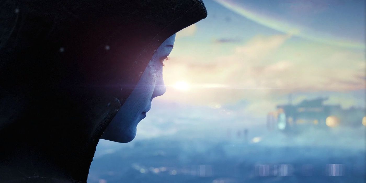 Image of Liara T'Soni looking off to the horizon, toward a small spaceship and its three person crew.