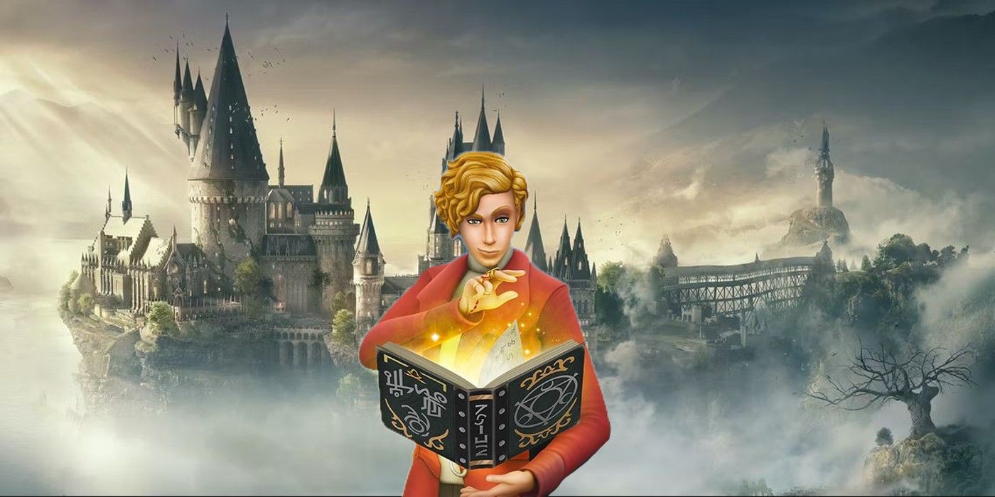 A blond wizard Sim wearing a red coat and holding a spell book practicing spells while standing in front of Hogwarts Castle.