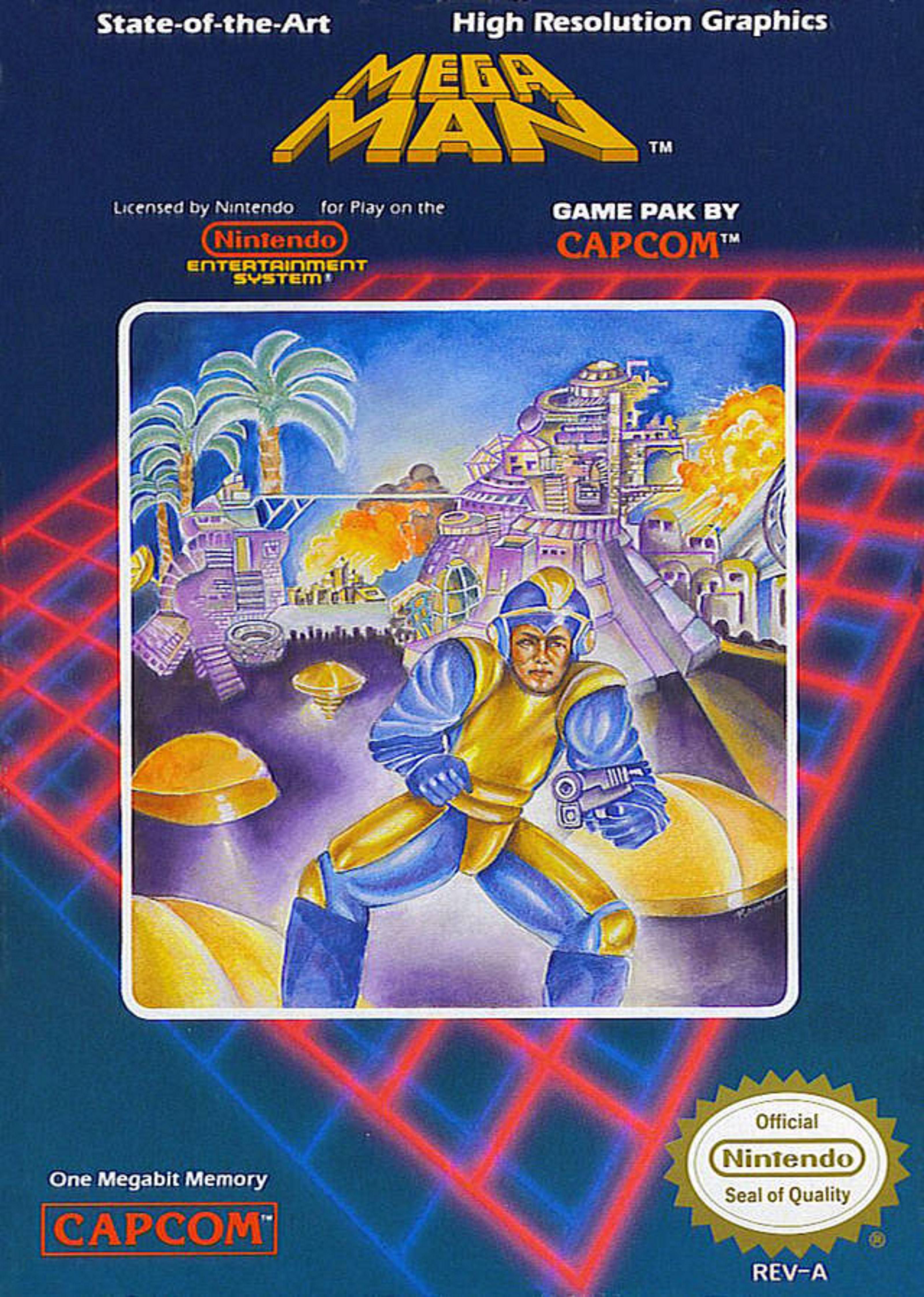 Arte da caixa do Mega Man, um homem de terno azul e amarelo segura uma arma na frente de uma cidade de ficção científica