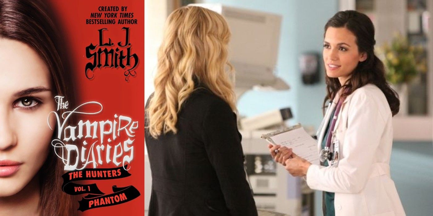 Imagem dividida de Meredith Sulez na capa de um dos livros The Vampire Diaries e Meredith Fell conversando com Caroline em The Vampire Diaries