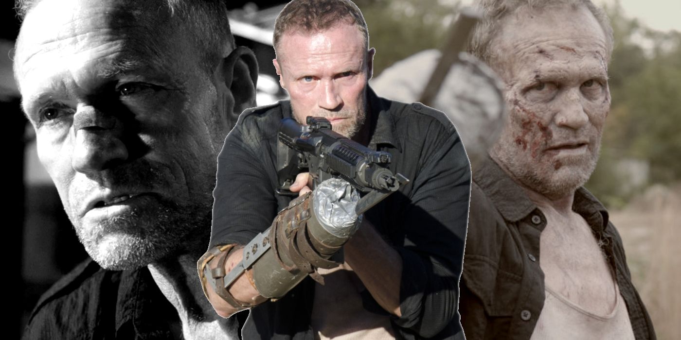 Split Image: Merle close-up, Merle firing his gun, and Merle as a walker