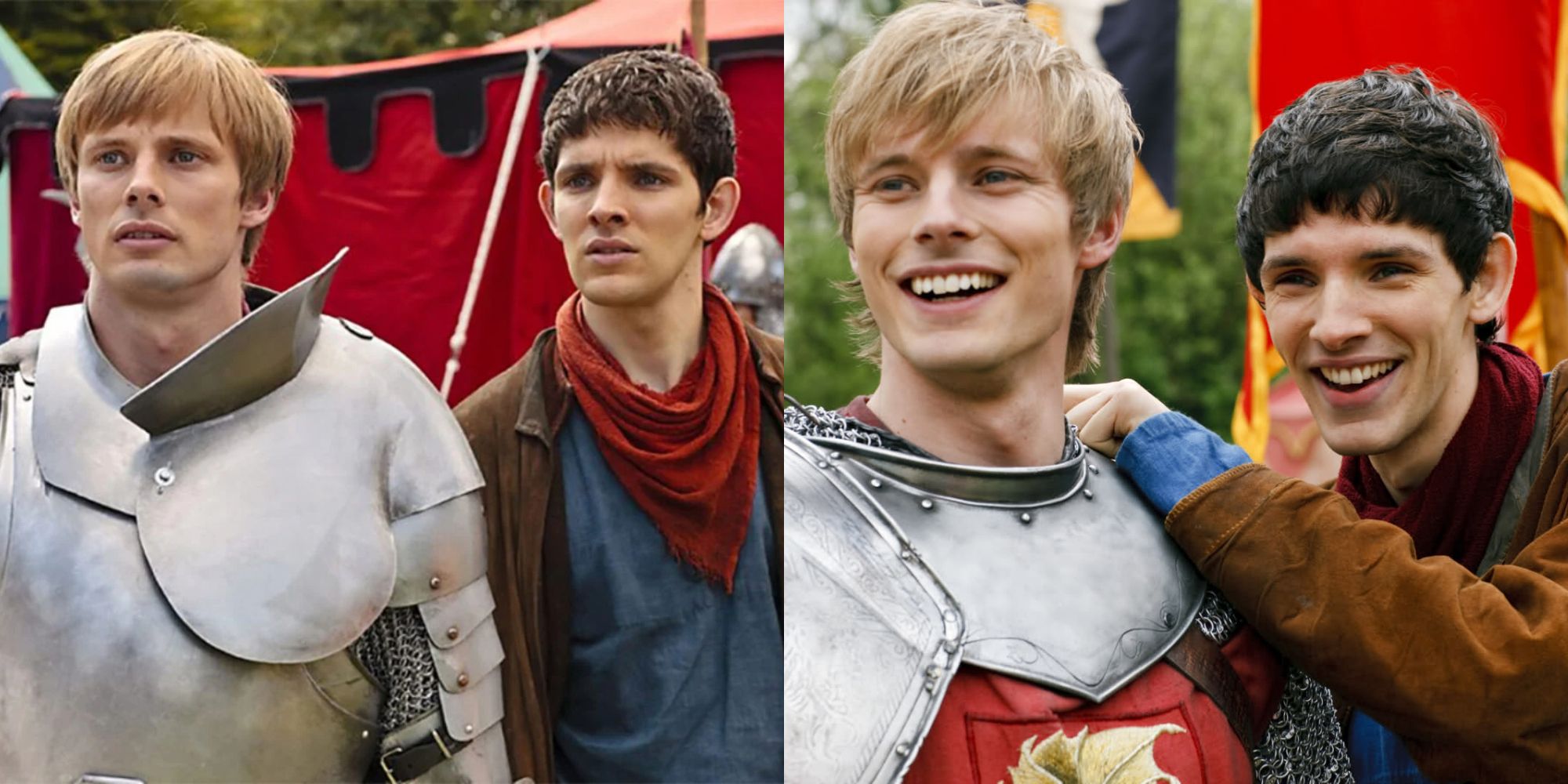 Two reaction images featuring BBC's Merlin and Arthur