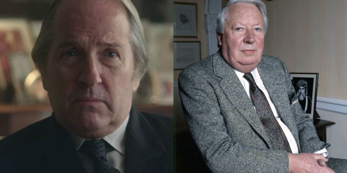 Michael Maloney as edward heath in the crown and in real life split image