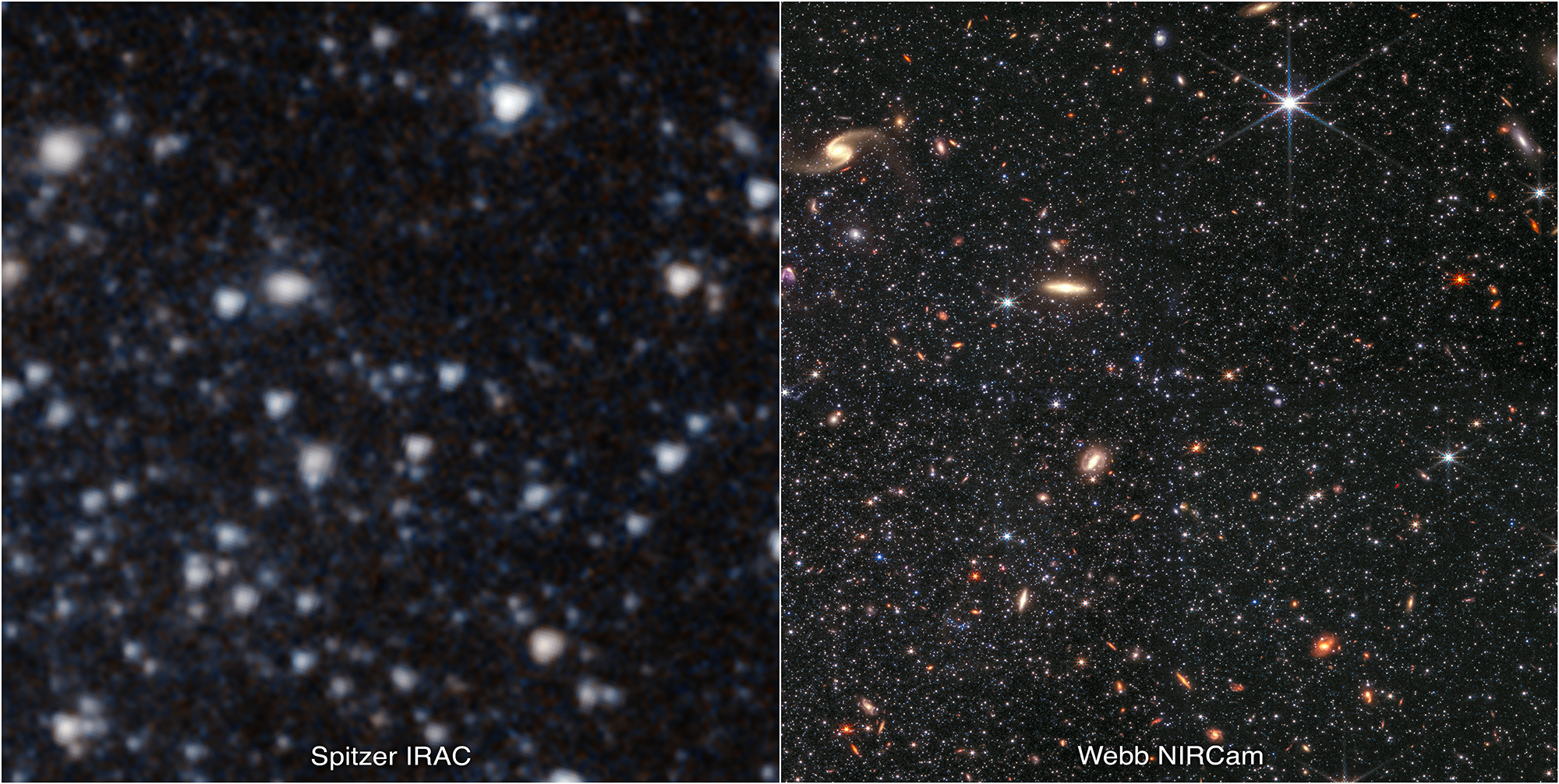WLM dwarf galaxy comparison showing image by Spitzer (left) and Webb (right)