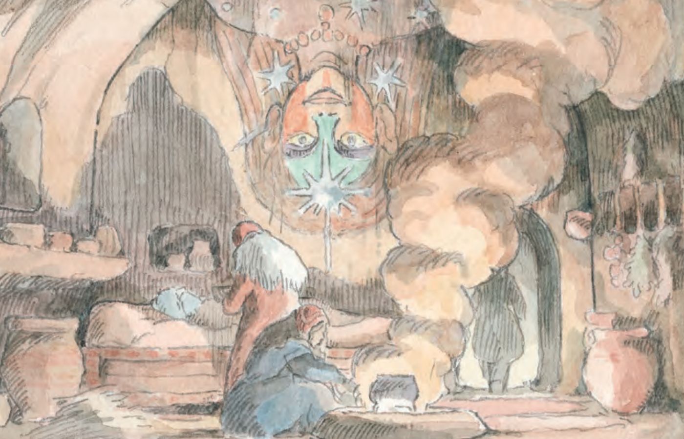 Uma página de propagação de Shuna's Journey de Miyazaki.