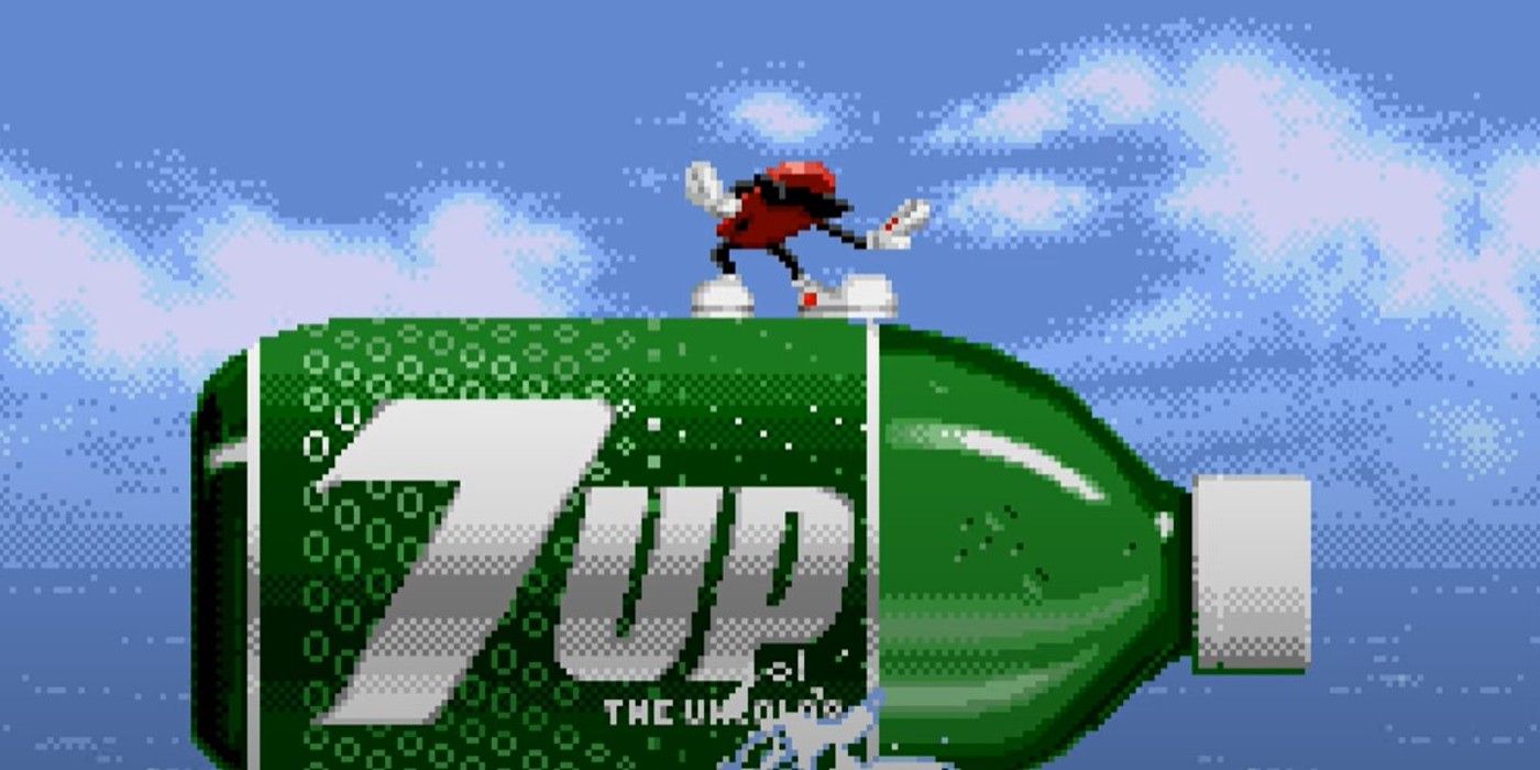 The title screen for Cool Spot on Sega Genesis, featuring a character placed atop a bottle of 7 Up.