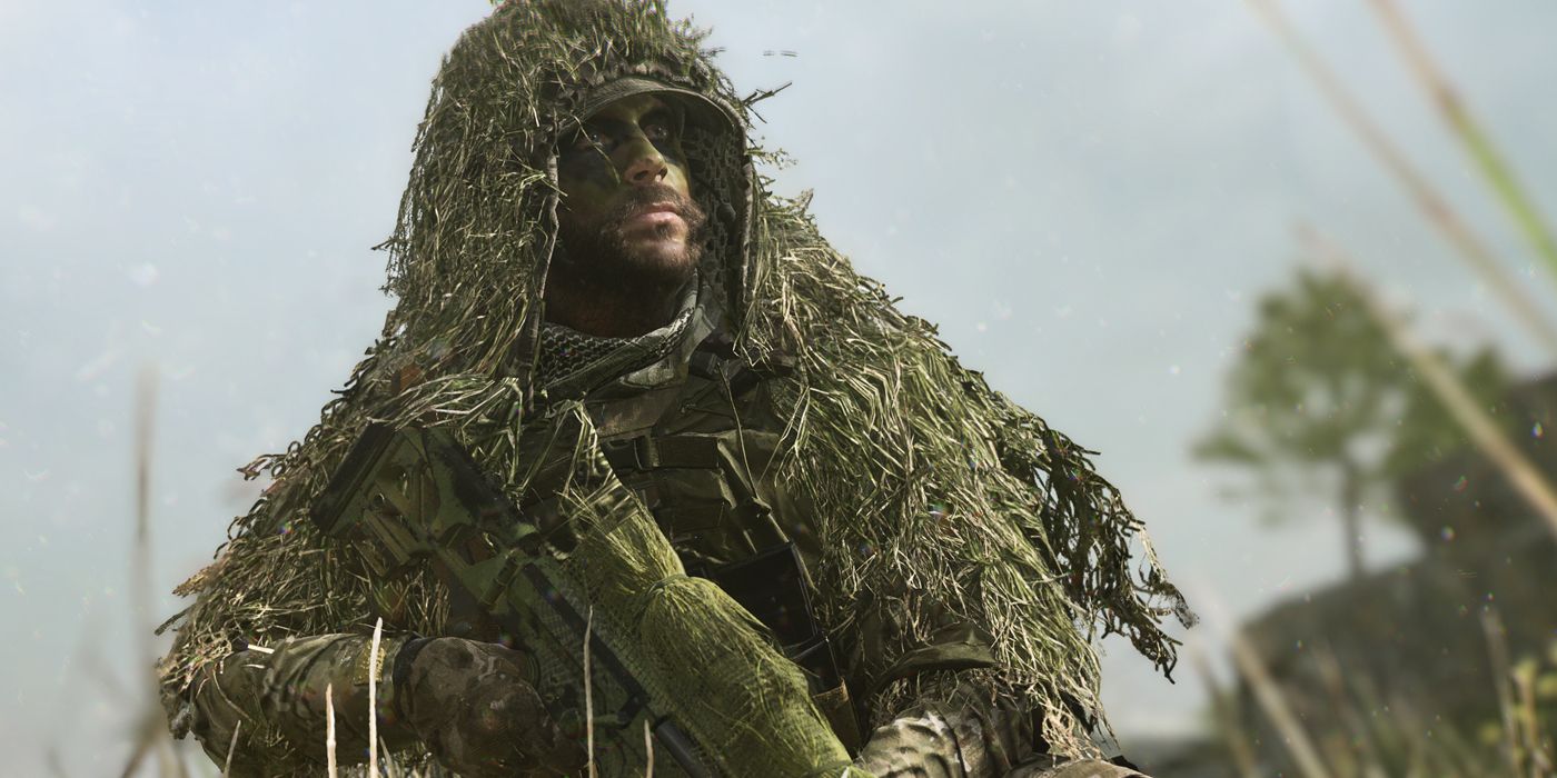 Image of a sniper in Modern Warfare 2 wearing a ghillie suit in a wooded environment.
