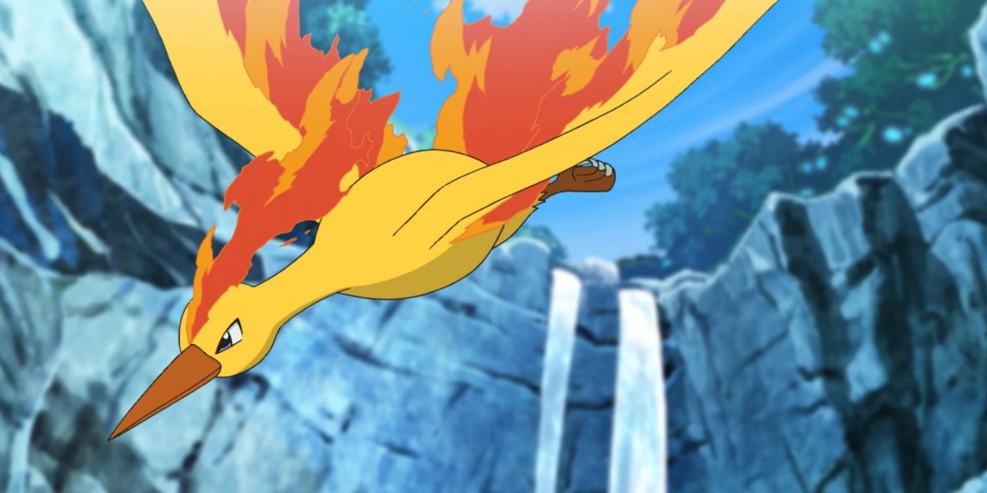 Moltres flying in the Pokémon anime.