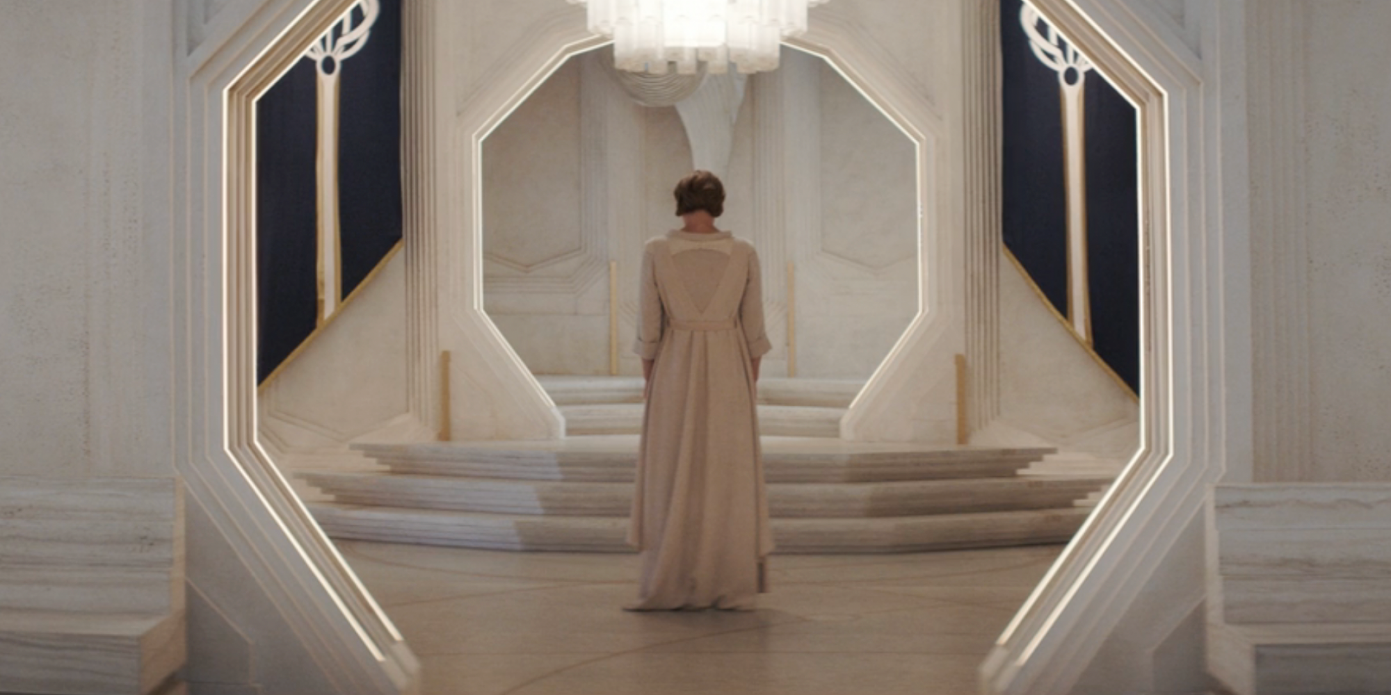 Mon Mothma stands in her apartment in Andor Episode 9.