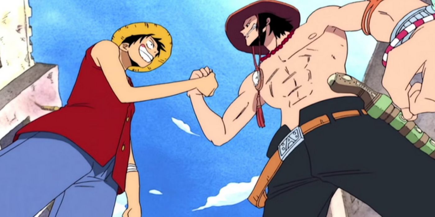 Monkey D. Luffy And Portgas D. Ace shake hands in One Piece.