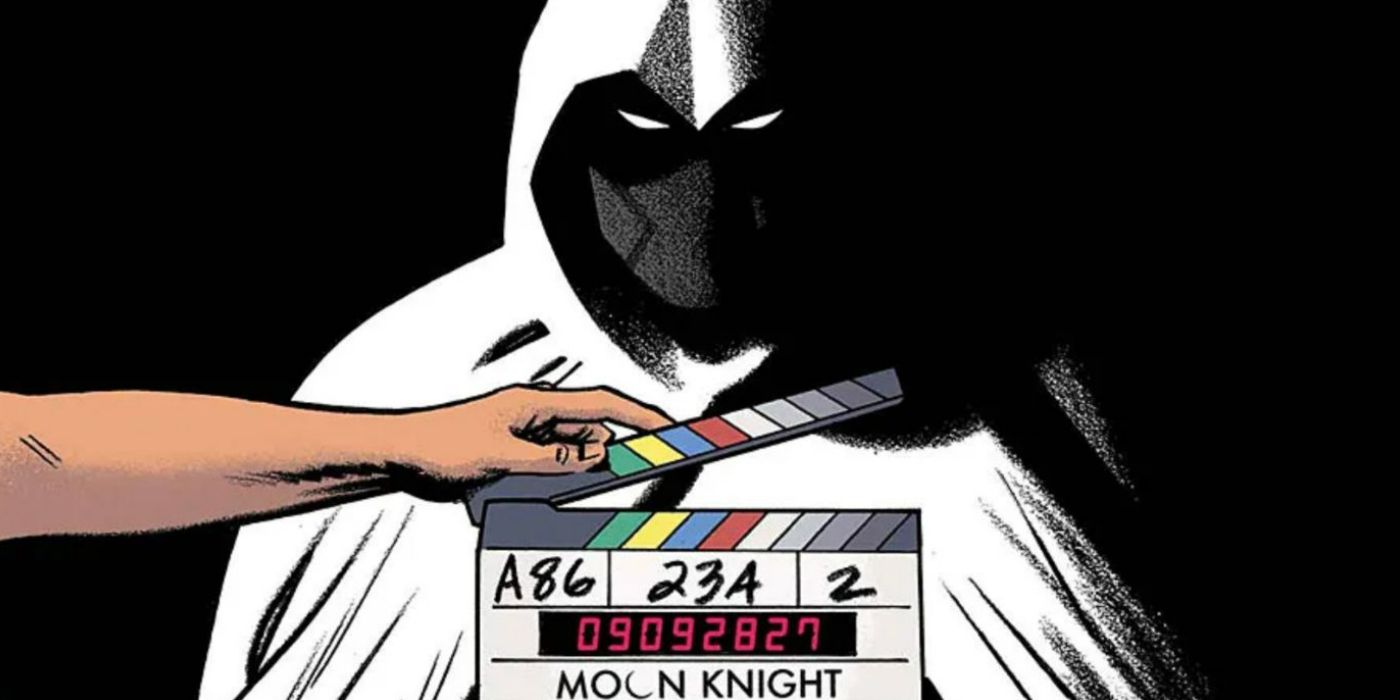 Moon Knight on a dark movie set in cover artwork.