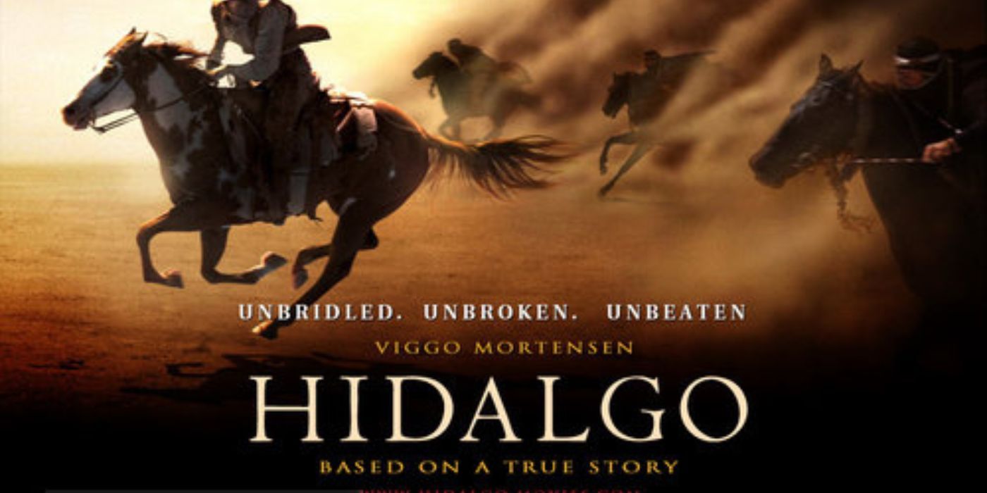Movie poster for Hidalgo showing horses running in the sand 