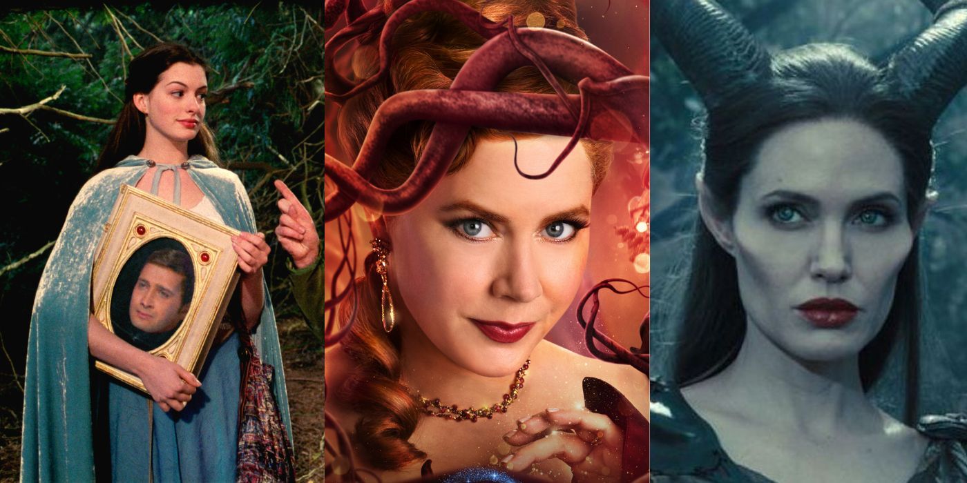 Split Image: Ella Enchanted, Giselle from Disenchanted, and live action Maleficent