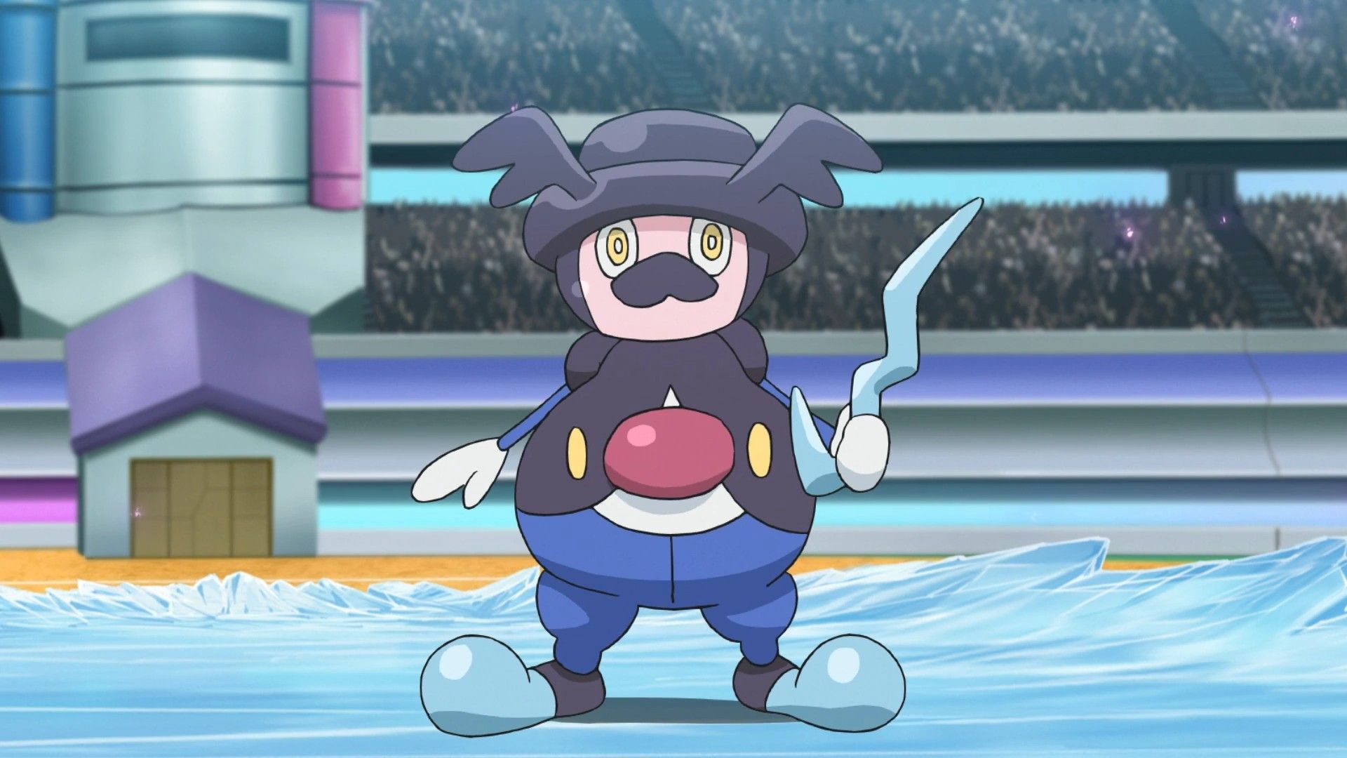 Mr. Rime parado no chão congelado em uma arena Pokémon.