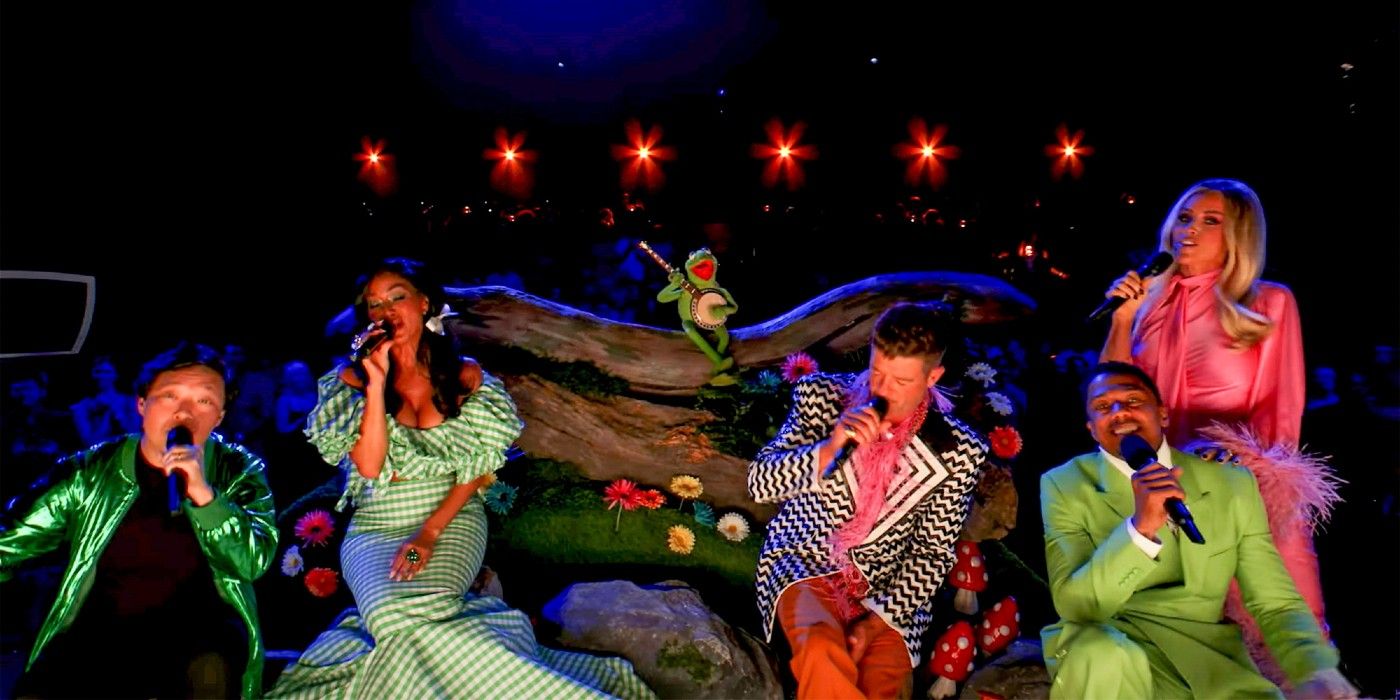 Muppets Night Masked Singer stars singing with Kermit