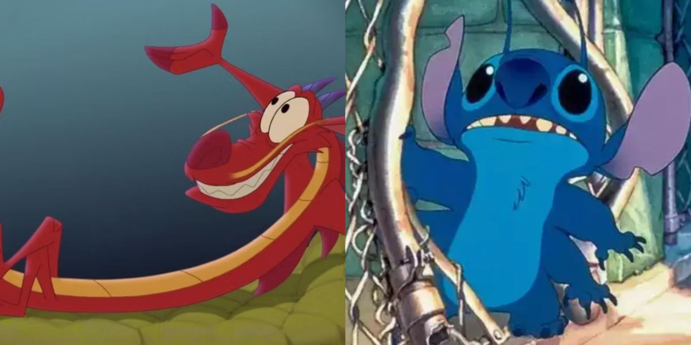A split image features Mushu in Mulan and Stitch in Lilo And Stitch