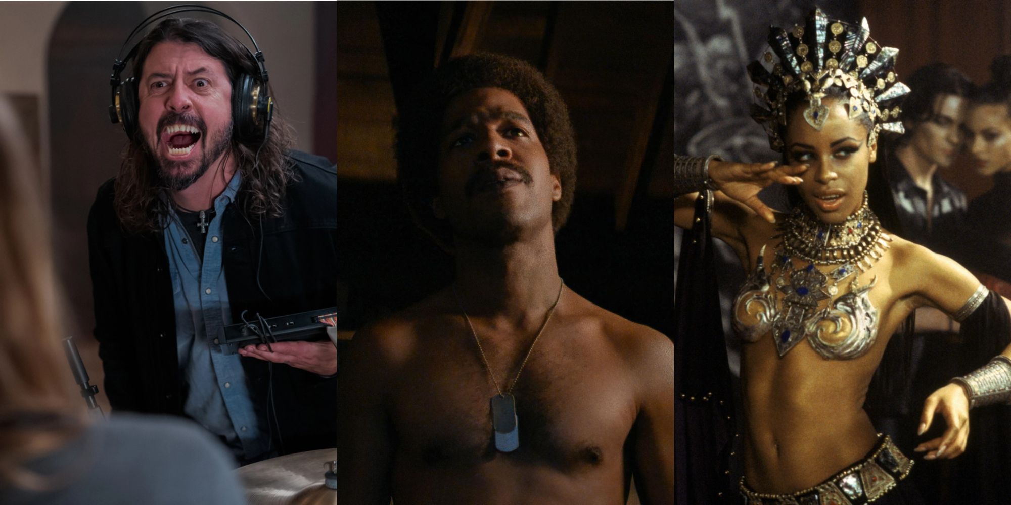Split image of Dave Grohl in Studio 666, Kid Cudi in X, and Aaliyah in Queen of the Damned