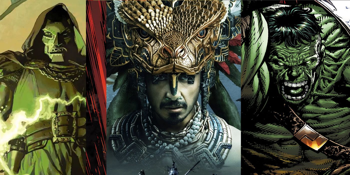 Split Image: Doctor Doom stands resolute as electricity crackles around him; Namor (Tenoch Huerta) poses with his crown atop his head; World War Hulk comic cover with the Hulk leaping into battle